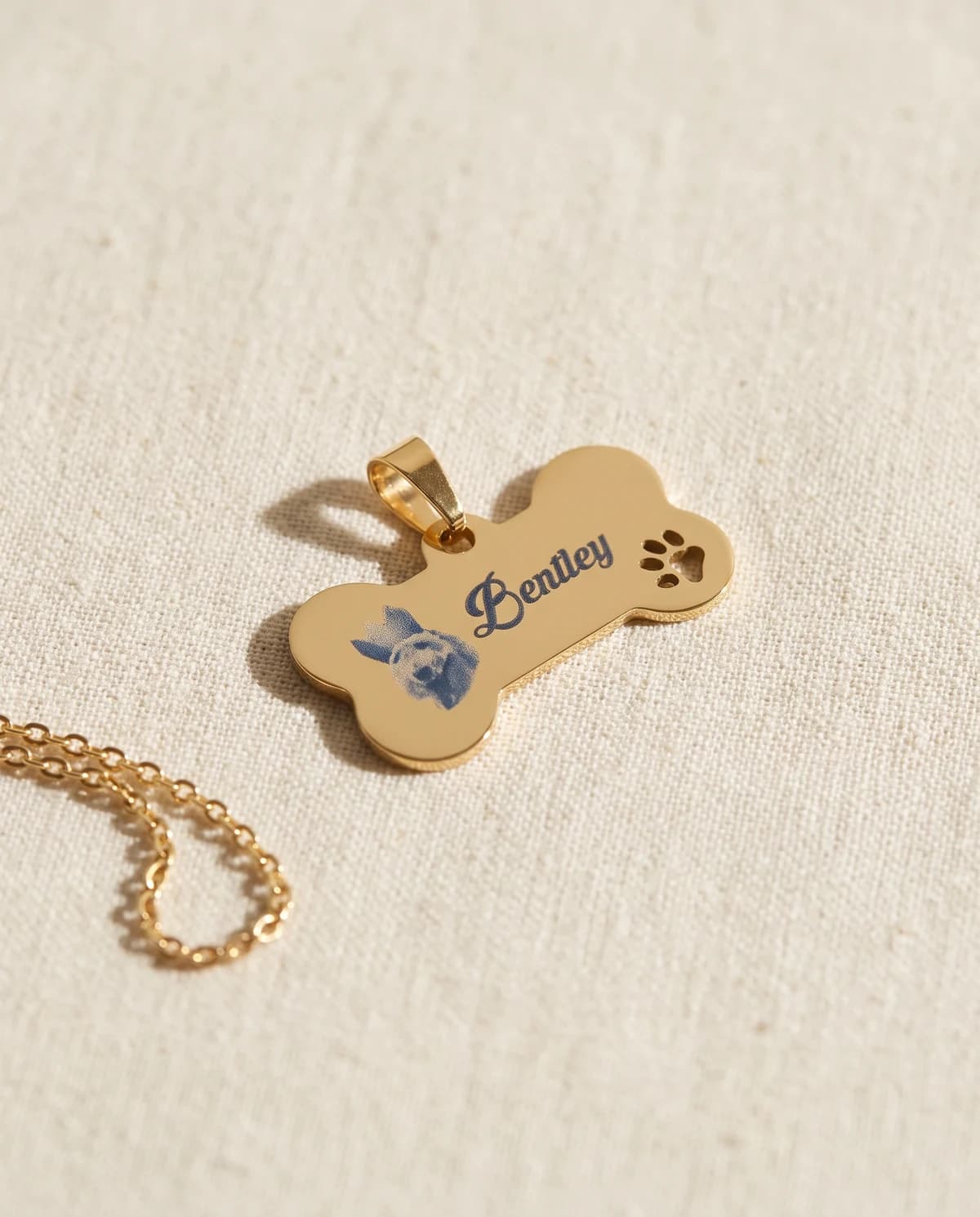 Bone tag laser engraved with a pet portrait and the name Bentley, a paw cut through one end
